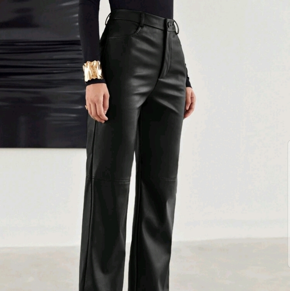 BLACK PU LEATHER PALAZZO PANTS - Picture 6 of 8